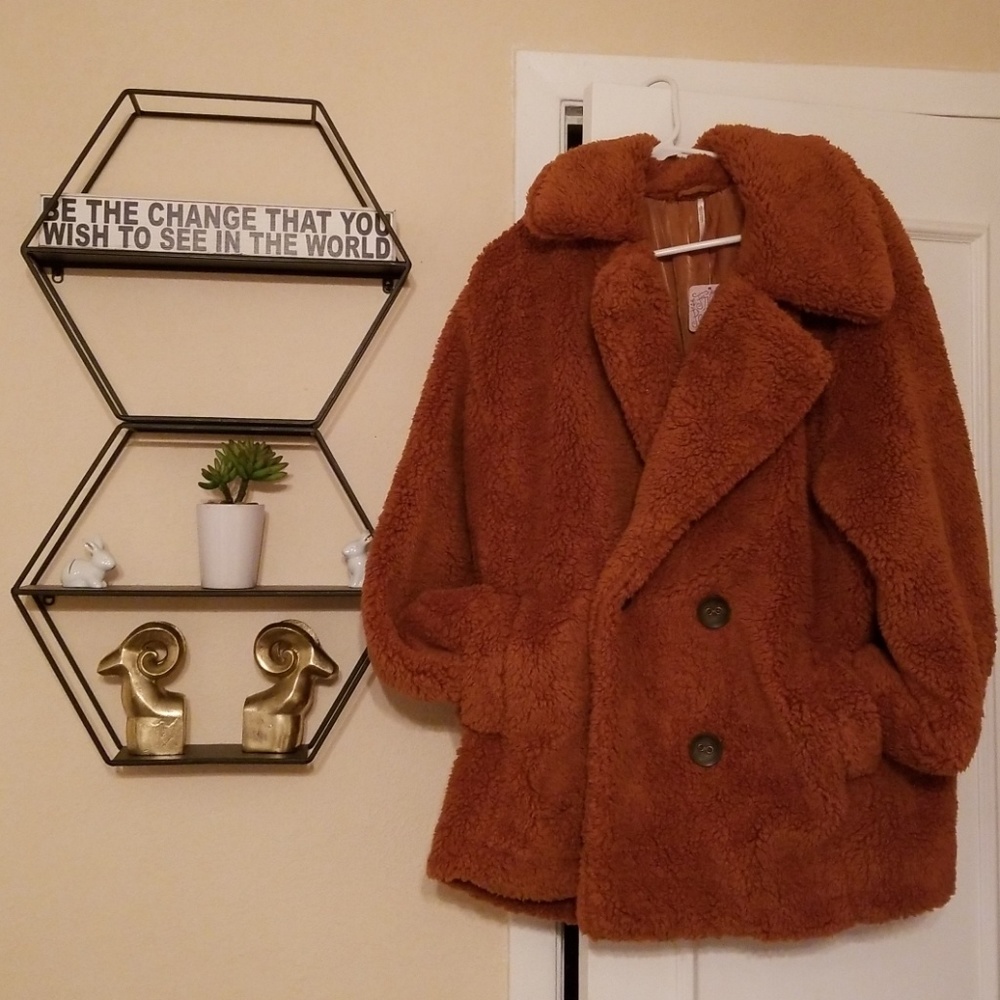 NWOT - Free People Large Cognac Teddy Peacoat